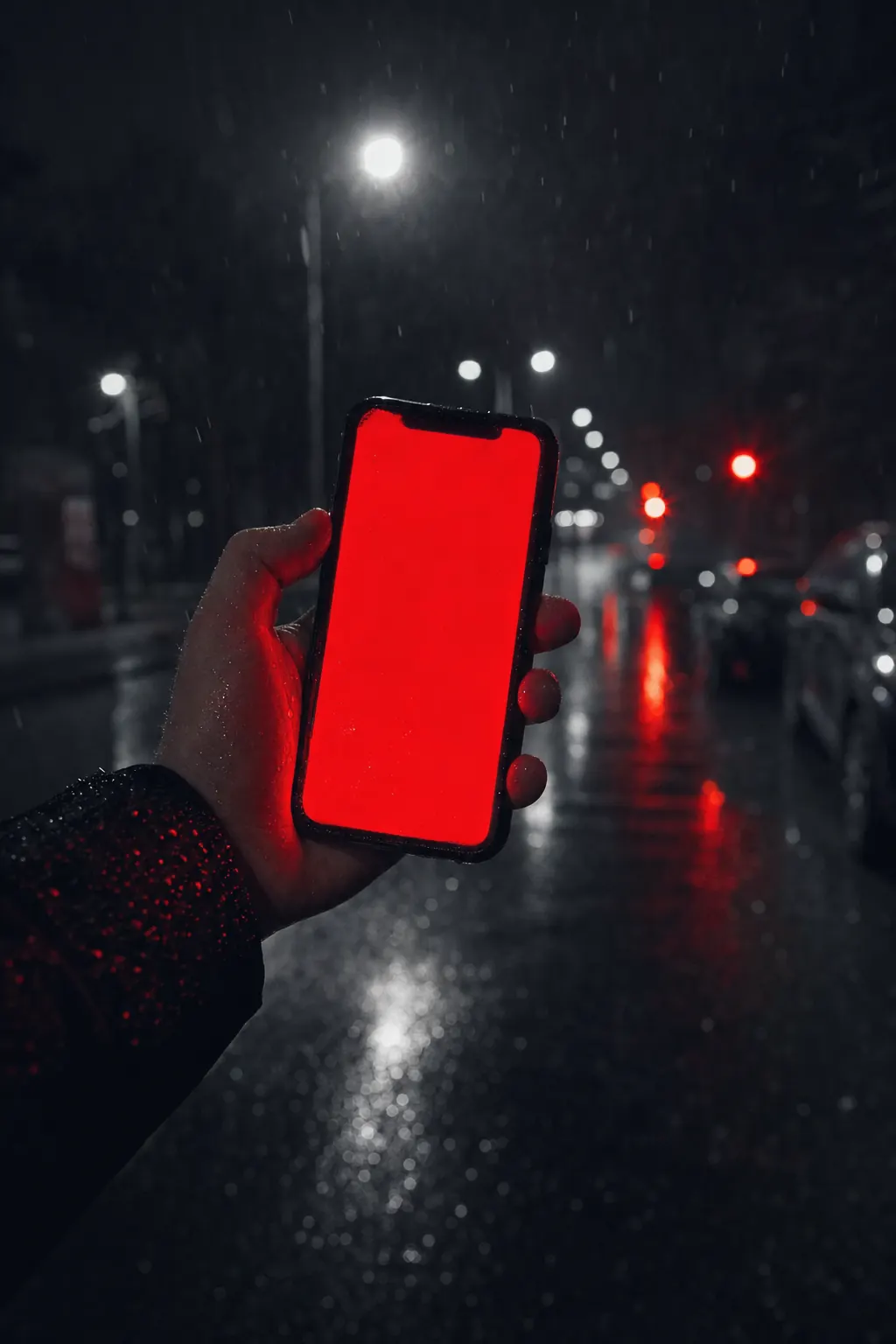 Yağmurlu gecede elde tutulan, ekranı kırmızı parlayan telefon